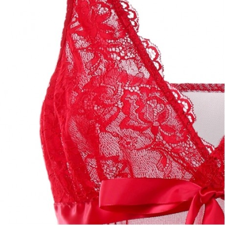 Plus Size Deep V Neck Sheer Lace Babydoll Set (RED)