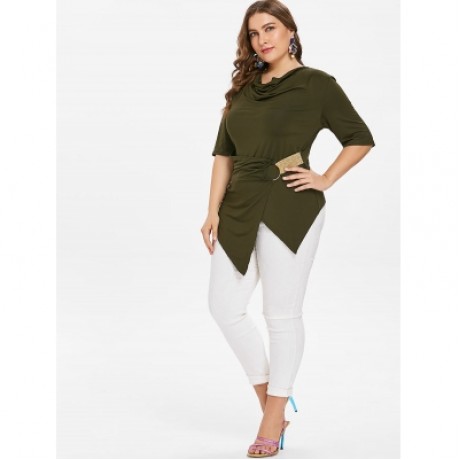 Asymmetrical Plus Size Cowl Neck T-shirt (ARMY GREEN)