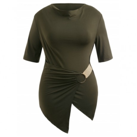 Asymmetrical Plus Size Cowl Neck T-shirt (ARMY GREEN)