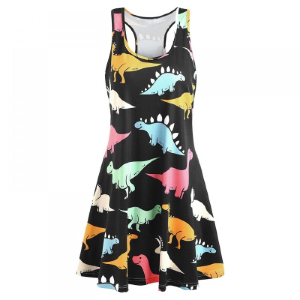 Plus Size Dinosaur Print Tank Dress (BLACK)
