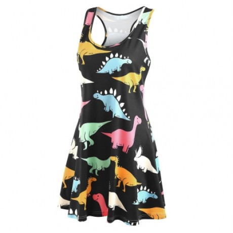 Plus Size Dinosaur Print Tank Dress (BLACK)