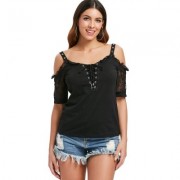 Lacing Front Short Sleeve T-shirt (BLACK)