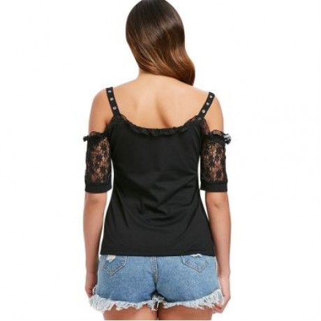 Lacing Front Short Sleeve T-shirt (BLACK)