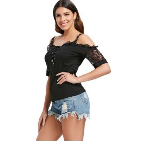 Lacing Front Short Sleeve T-shirt (BLACK)