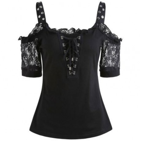 Lacing Front Short Sleeve T-shirt (BLACK)
