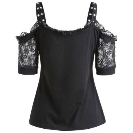 Lacing Front Short Sleeve T-shirt (BLACK)