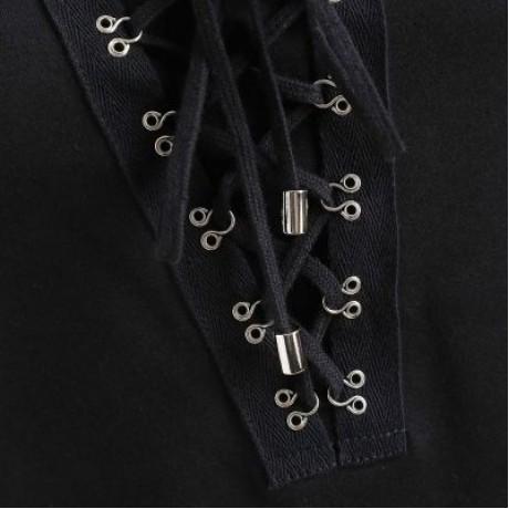 Lacing Front Short Sleeve T-shirt (BLACK)