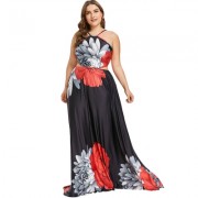 Plus Size Flower Strappy Floor Length Dress (BLACK)
