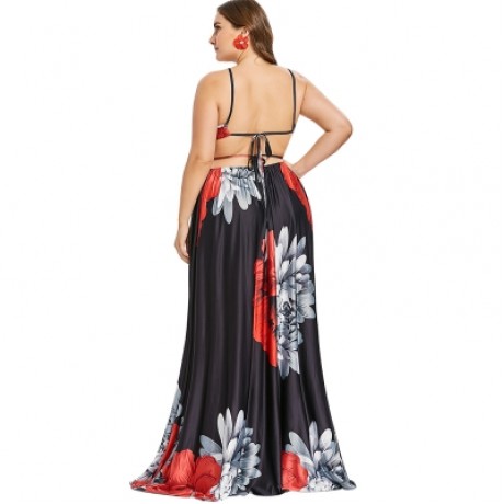 Plus Size Flower Strappy Floor Length Dress (BLACK)