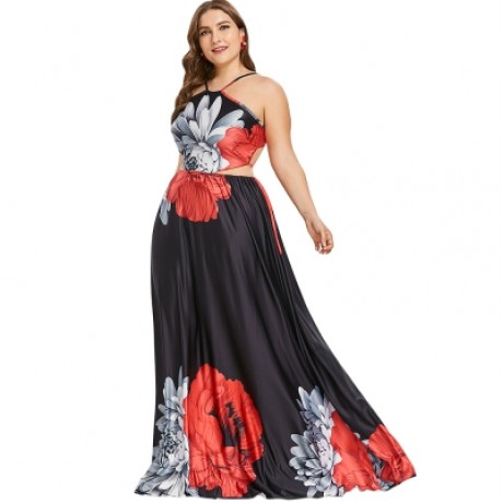 Plus Size Flower Strappy Floor Length Dress (BLACK)