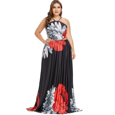 Plus Size Flower Strappy Floor Length Dress (BLACK)