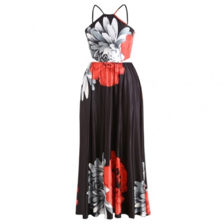Plus Size Flower Strappy Floor Length Dress (BLACK)