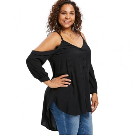 Plus Size V Neck Cold Shoulder Button Up Tunic Top (BLACK)