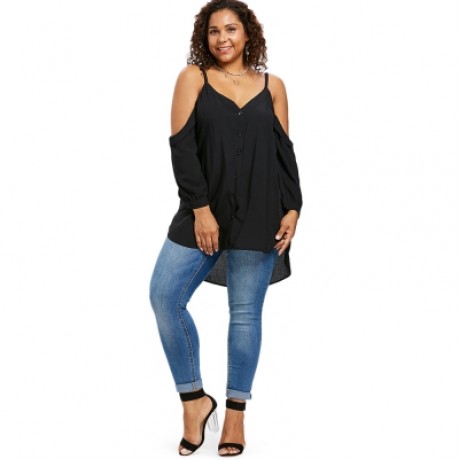 Plus Size V Neck Cold Shoulder Button Up Tunic Top (BLACK)