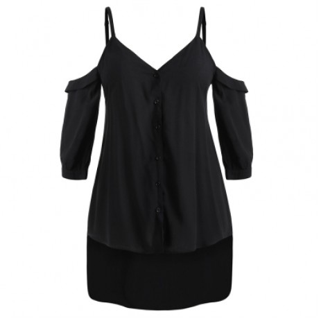 Plus Size V Neck Cold Shoulder Button Up Tunic Top (BLACK)