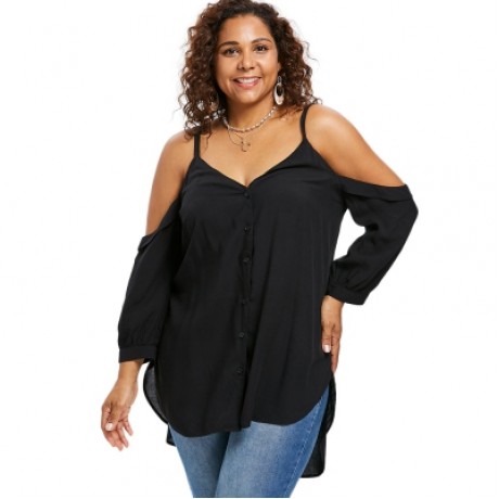 Plus Size V Neck Cold Shoulder Button Up Tunic Top (BLACK)