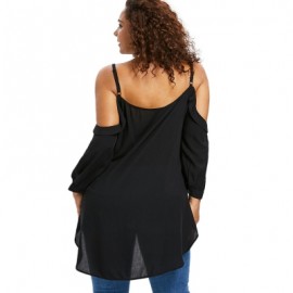 Plus Size V Neck Cold Shoulder Button Up Tunic Top (BLACK)