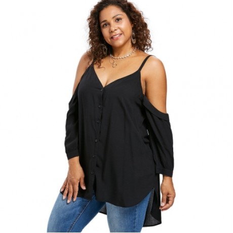 Plus Size V Neck Cold Shoulder Button Up Tunic Top (BLACK)