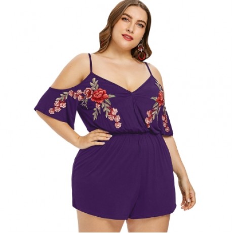 Plus Size Embroidery Cold Shoulder Romper (PURPLE IRIS)
