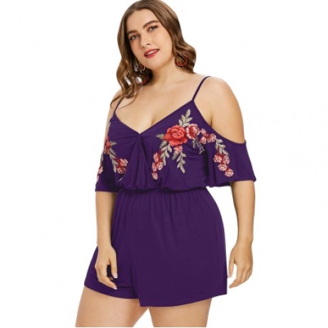 Plus Size Embroidery Cold Shoulder Romper (PURPLE IRIS)