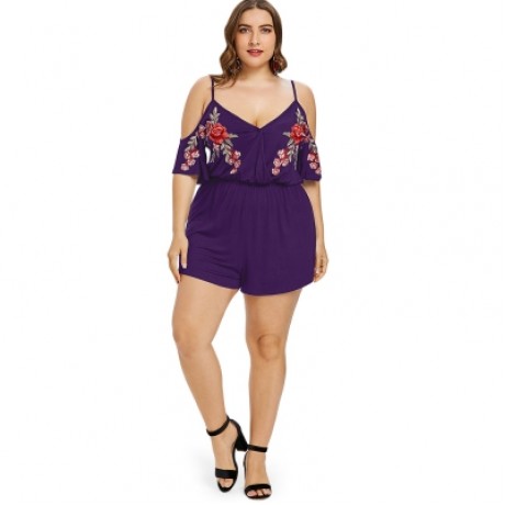 Plus Size Embroidery Cold Shoulder Romper (PURPLE IRIS)