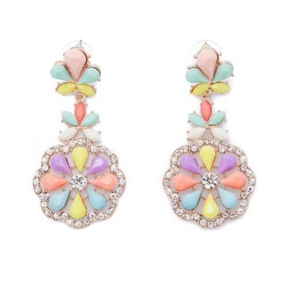 PAIR OF ALLOY FAUX GEMSTONE FLOWER DROP EARRINGS (COLORFUL)