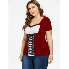 Plus Size Sweetheart Neck Lace Up T-shirt (RED WINE)