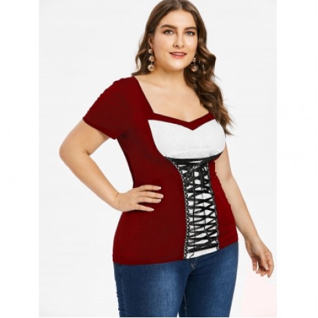 Plus Size Sweetheart Neck Lace Up T-shirt (RED WINE)
