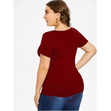 Plus Size Sweetheart Neck Lace Up T-shirt (RED WINE)