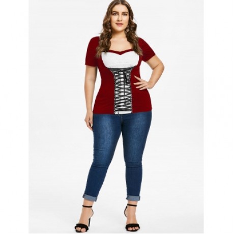 Plus Size Sweetheart Neck Lace Up T-shirt (RED WINE)