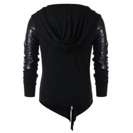 Asymmetric Zip Embellished Panel Hoodie (BLACK)
