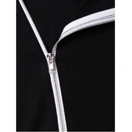 Asymmetric Zip Embellished Panel Hoodie (BLACK)