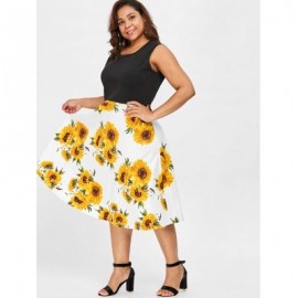 Sleeveless Plus Size Sunflower Print Vintage Dress (MILK WHITE)