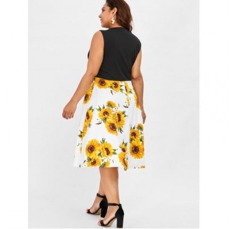 Sleeveless Plus Size Sunflower Print Vintage Dress (MILK WHITE)