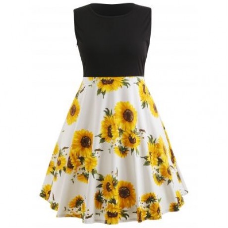 Sleeveless Plus Size Sunflower Print Vintage Dress (MILK WHITE)