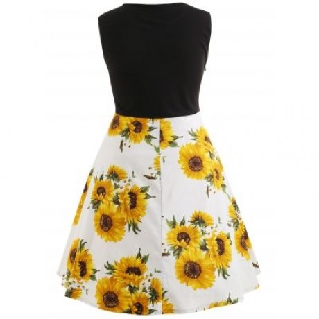 Sleeveless Plus Size Sunflower Print Vintage Dress (MILK WHITE)