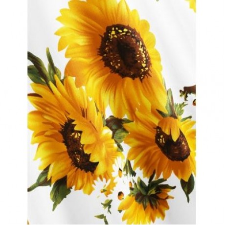 Sleeveless Plus Size Sunflower Print Vintage Dress (MILK WHITE)