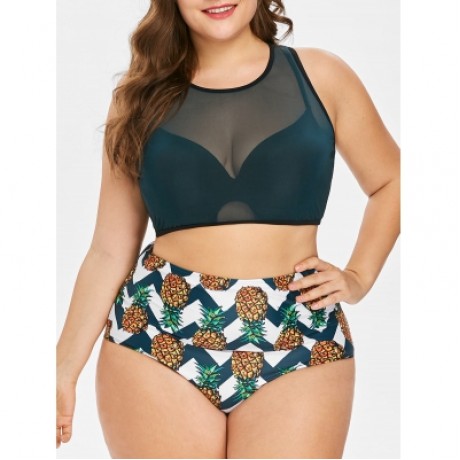 Pineapple High Waisted Plus Size Tankini Set (MEDIUM SEA GREEN)