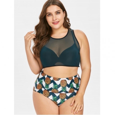 Pineapple High Waisted Plus Size Tankini Set (MEDIUM SEA GREEN)