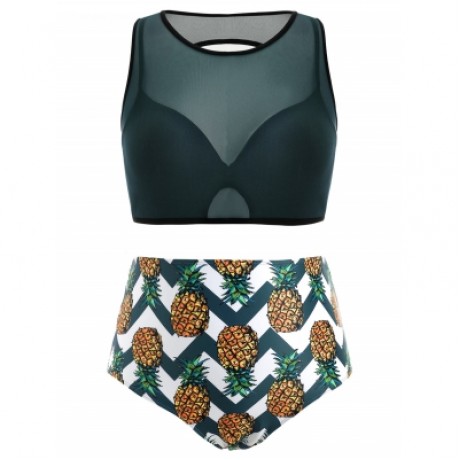 Pineapple High Waisted Plus Size Tankini Set (MEDIUM SEA GREEN)