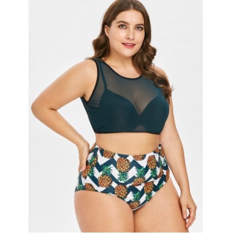 Pineapple High Waisted Plus Size Tankini Set (MEDIUM SEA GREEN)