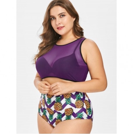 Pineapple High Waisted Plus Size Tankini Set (PURPLE IRIS)