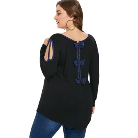 Plus Size Back Bow Tie Embellished Cut Out T-shirt  (BLACK)