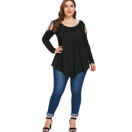 Plus Size Back Bow Tie Embellished Cut Out T-shirt  (BLACK)