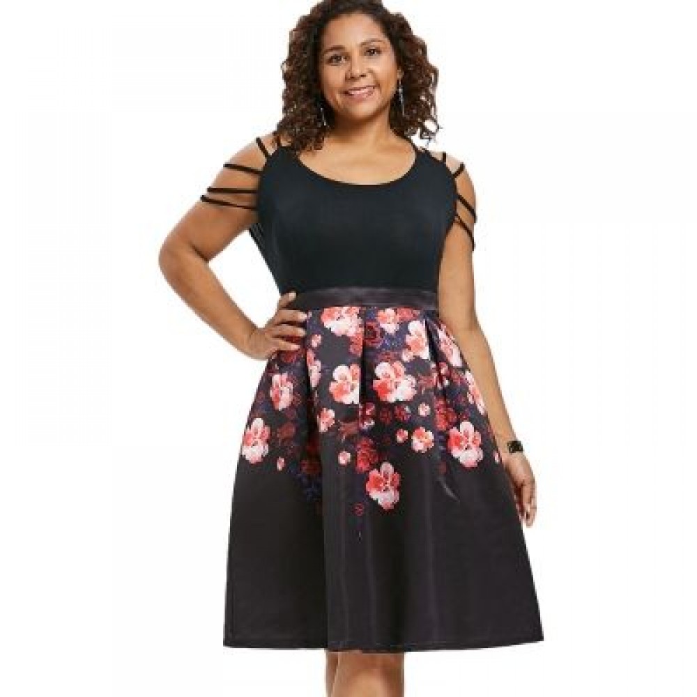 Plus Size Strappy Shoulder Floral Dress (BLACK)