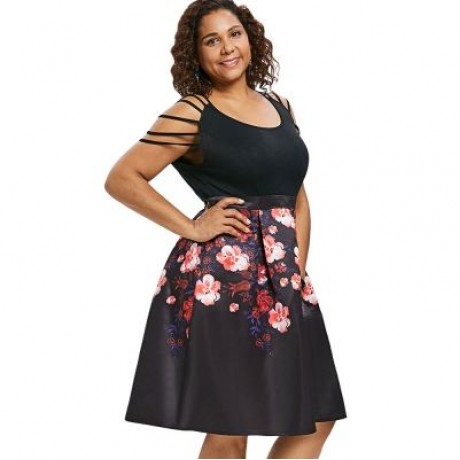 Plus Size Strappy Shoulder Floral Dress (BLACK)