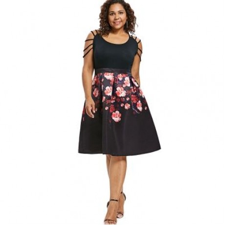 Plus Size Strappy Shoulder Floral Dress (BLACK)