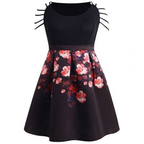 Plus Size Strappy Shoulder Floral Dress (BLACK)