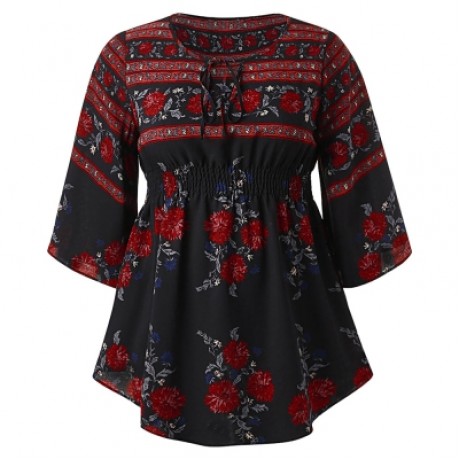 Plus Size Floral Flare Sleeve Blouse (BLACK)