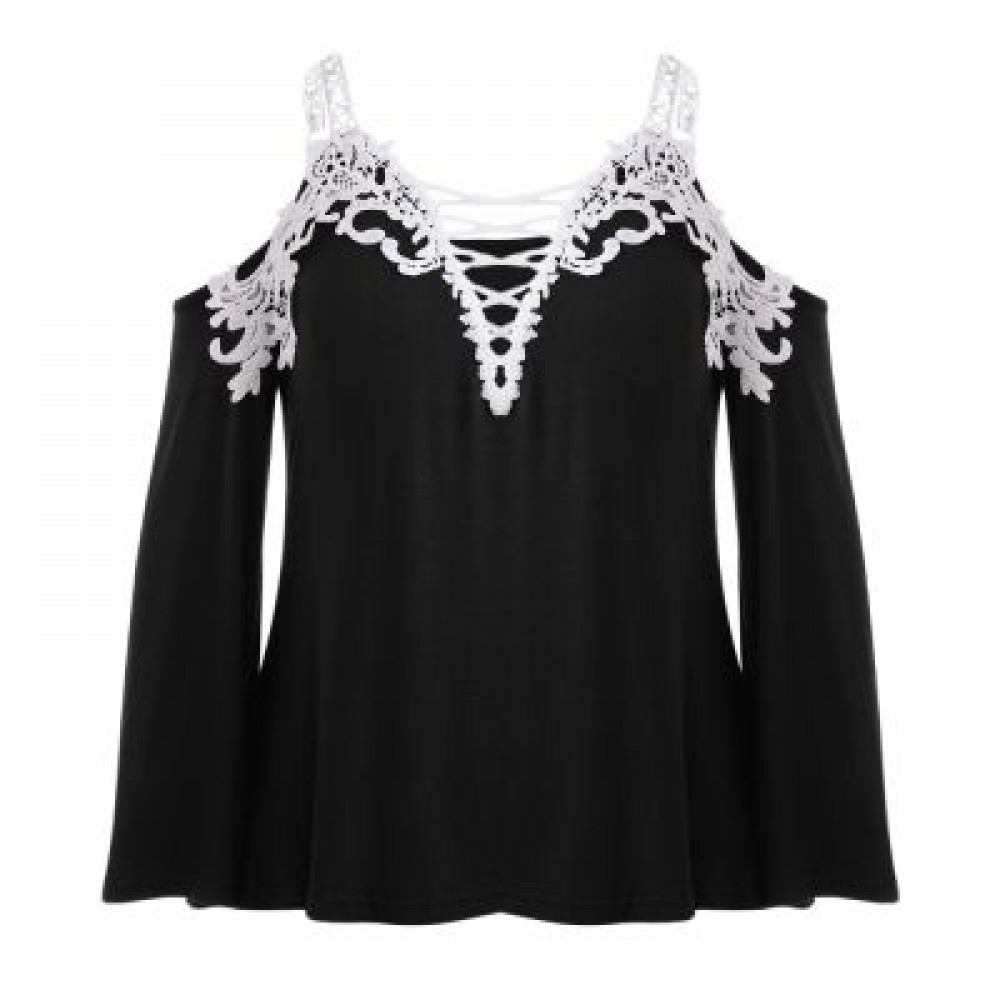 Plus Size Plunge Neck Bell Sleeve Cold Shoulder Lace Spliced Women Blouse (BLACK)
